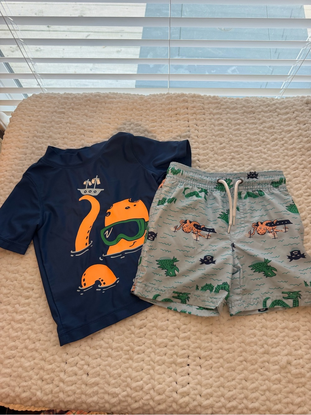 Carter's Navy & Gray Rash Guard Set with Orange and Green Sea Monsters